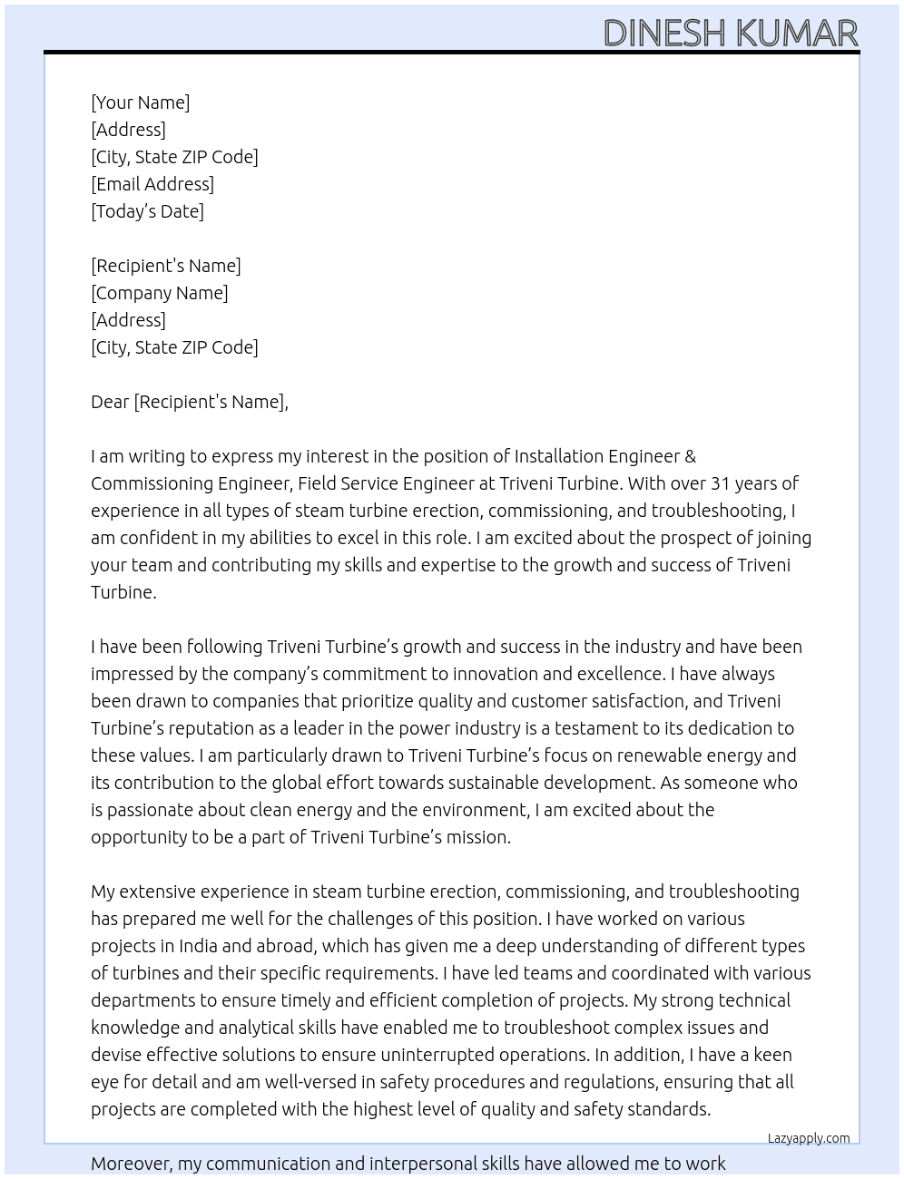 INSTALLATION ENGINEER & COMMISSIONING ENGINEER,FIELD SERVICE ENGINEER At TRIVENI TURBINE Cover Letter