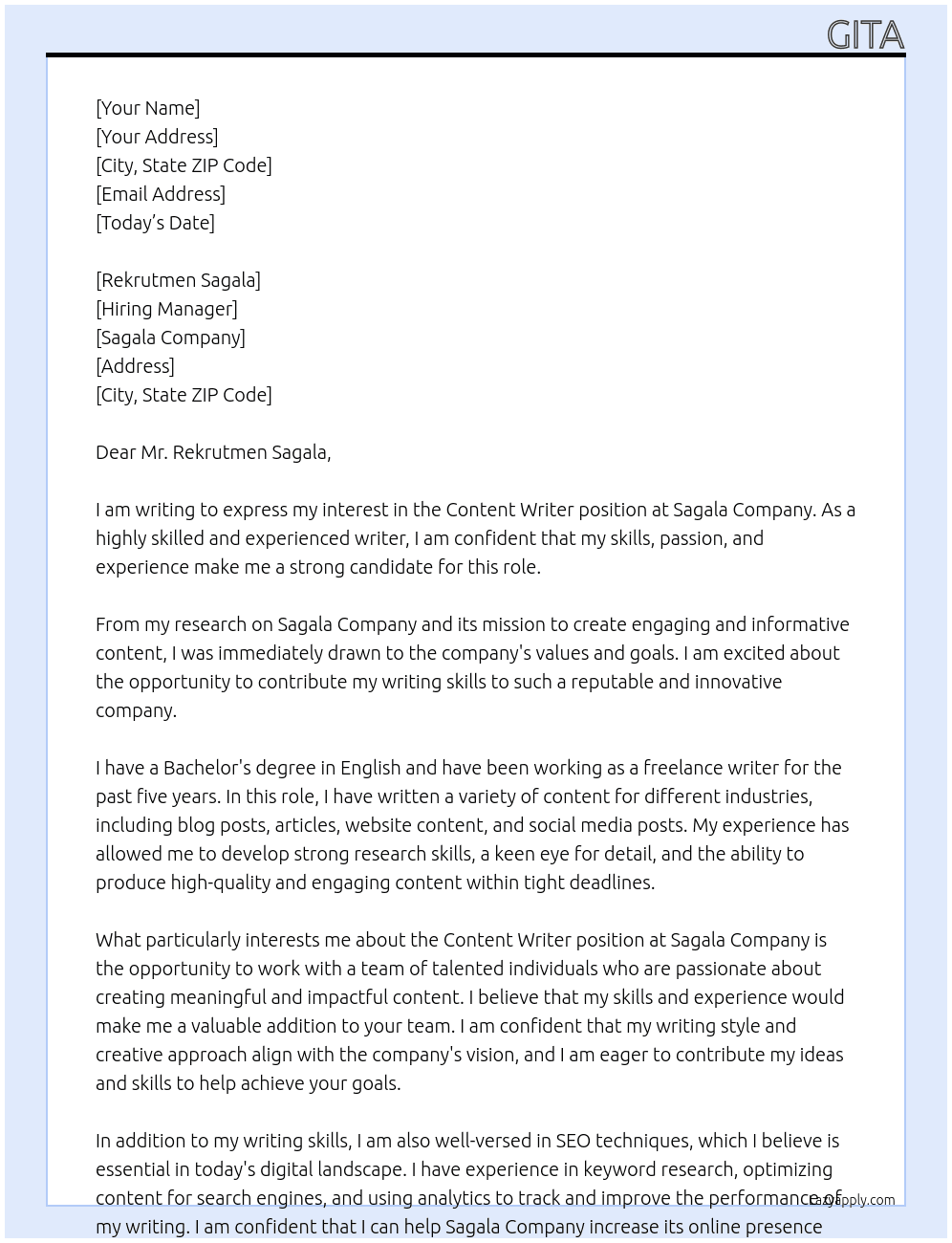 Content Writer At Sagala Cover Letter