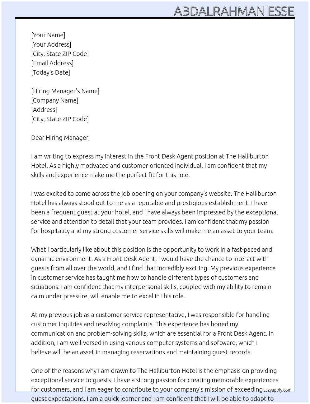 Front desk agent At The Halliburton Hotel Cover Letter