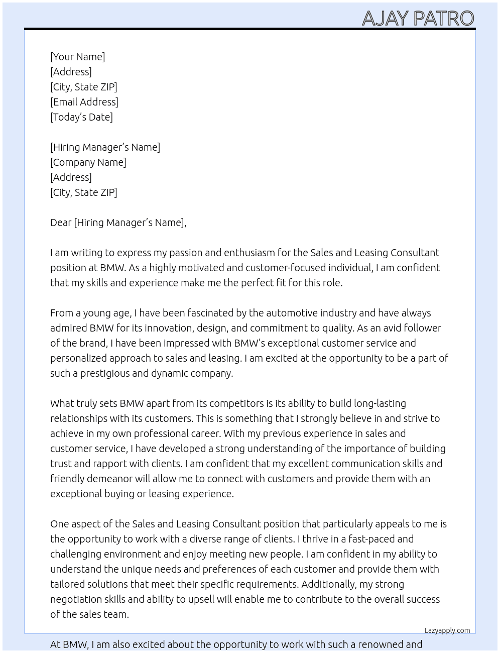 Cover letter for sales and leasing consultant - LazyApply