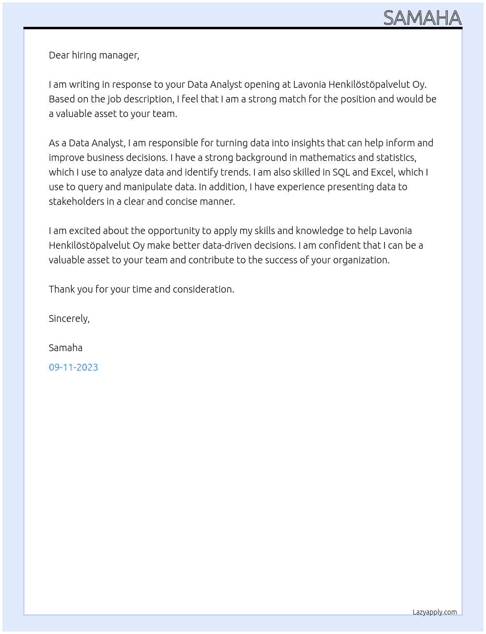 Data Analyst At Finland Cover Letter