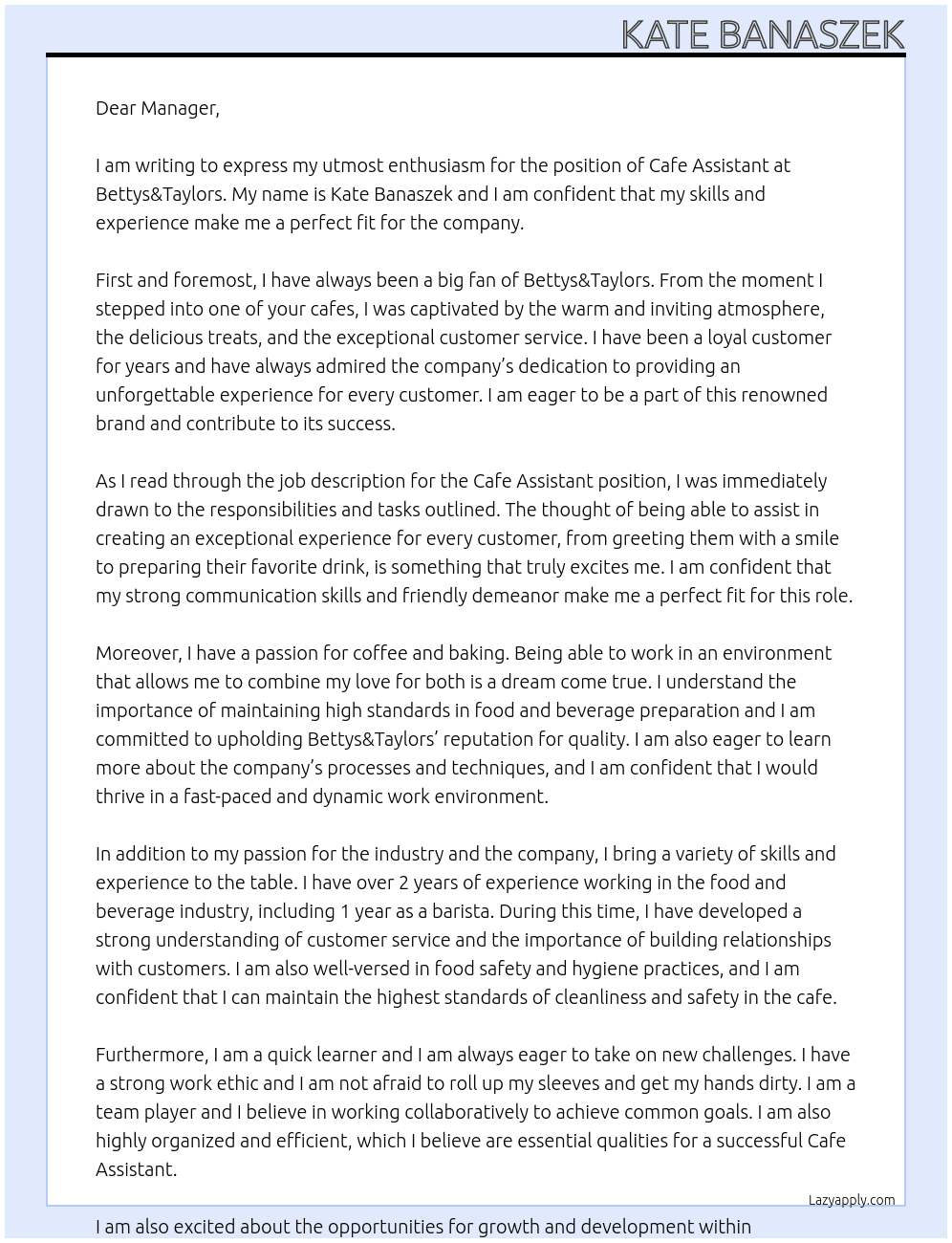 Cafe Assistant At Bettys&Taylors Cover Letter