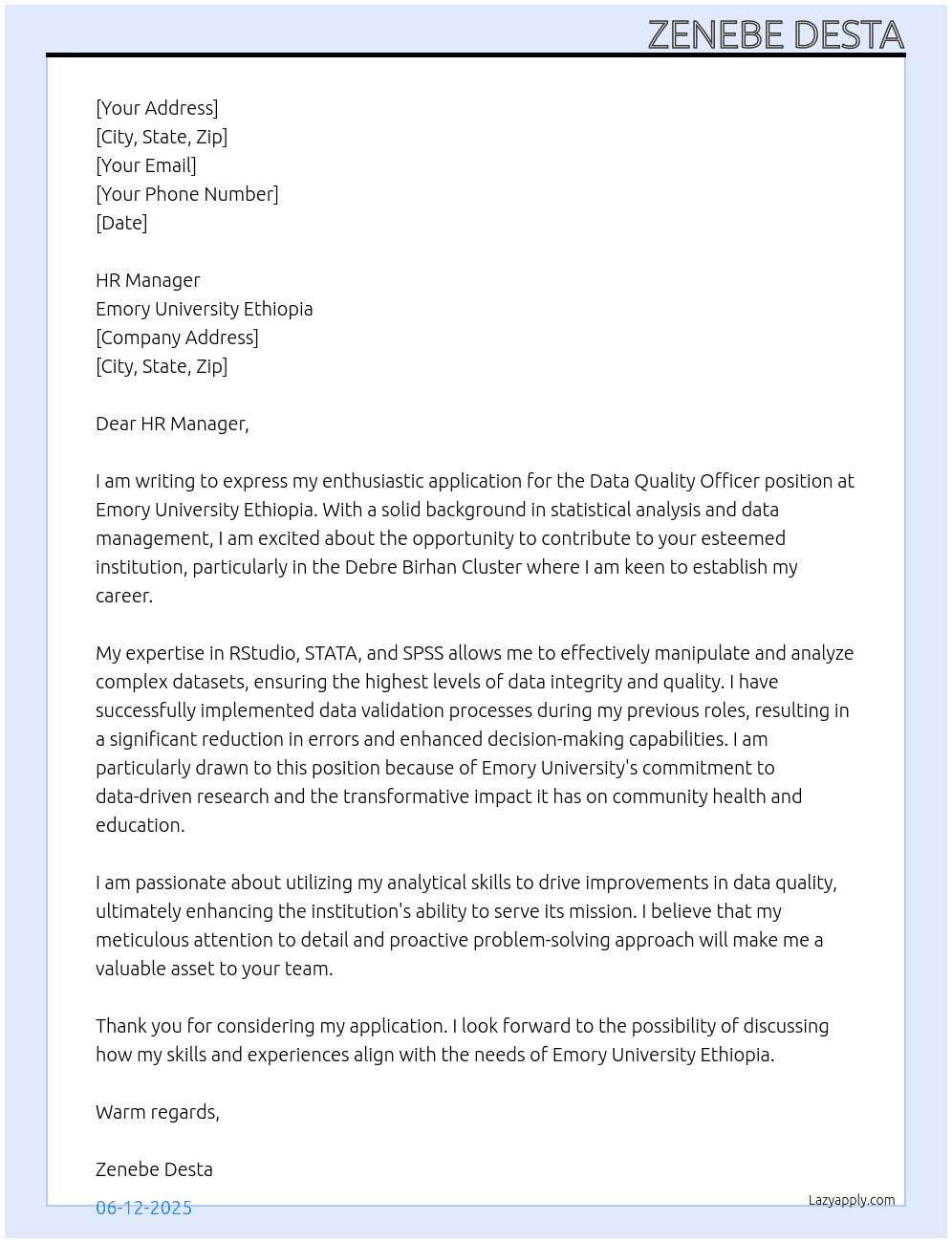 Data Quality Officer At Emory University Ethiopia Cover Letter