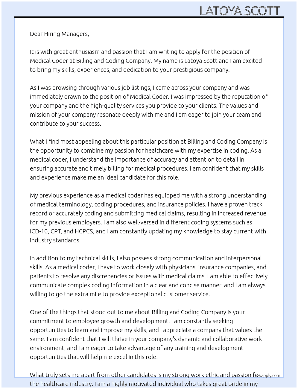 Medical Coder At Billing and Coding Company  Cover Letter