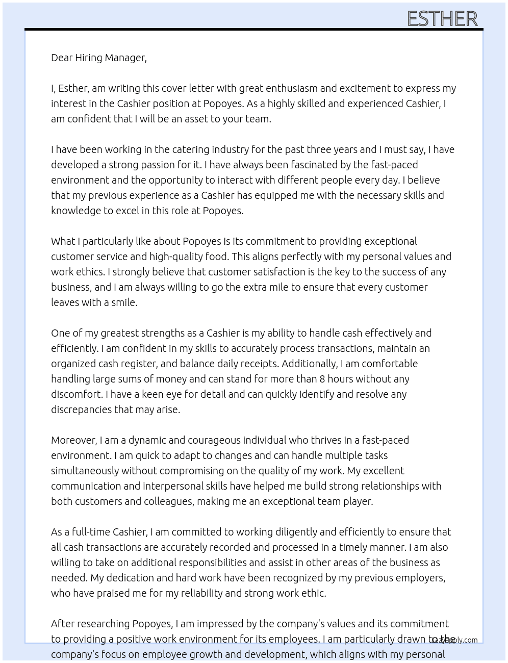 Casher  At Popoyes  Cover Letter