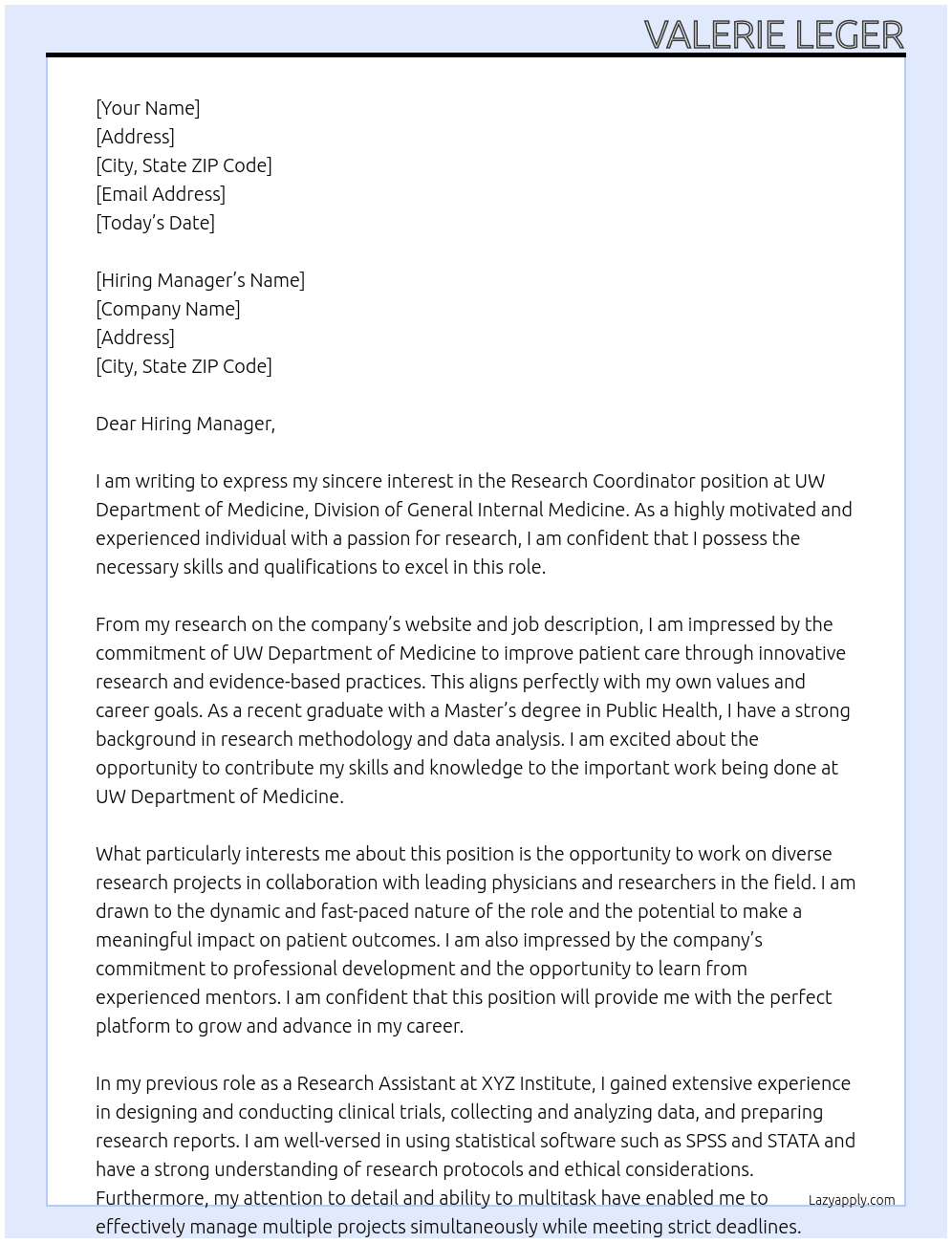 Research Coordinator At UW Department of Medicine, Division of General Internal Medicine Cover Letter