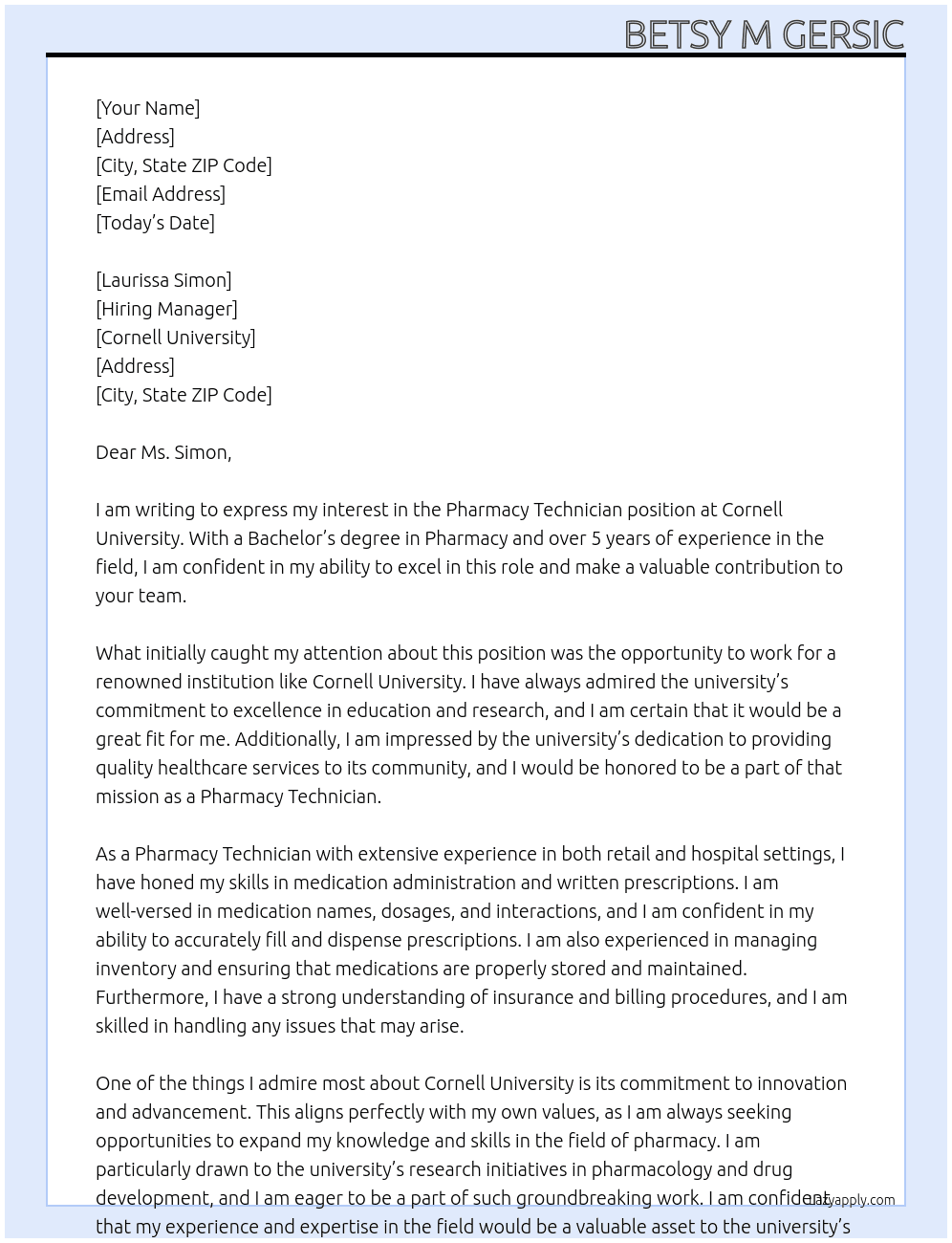 Pharmacy technician  At Cornell University  Cover Letter