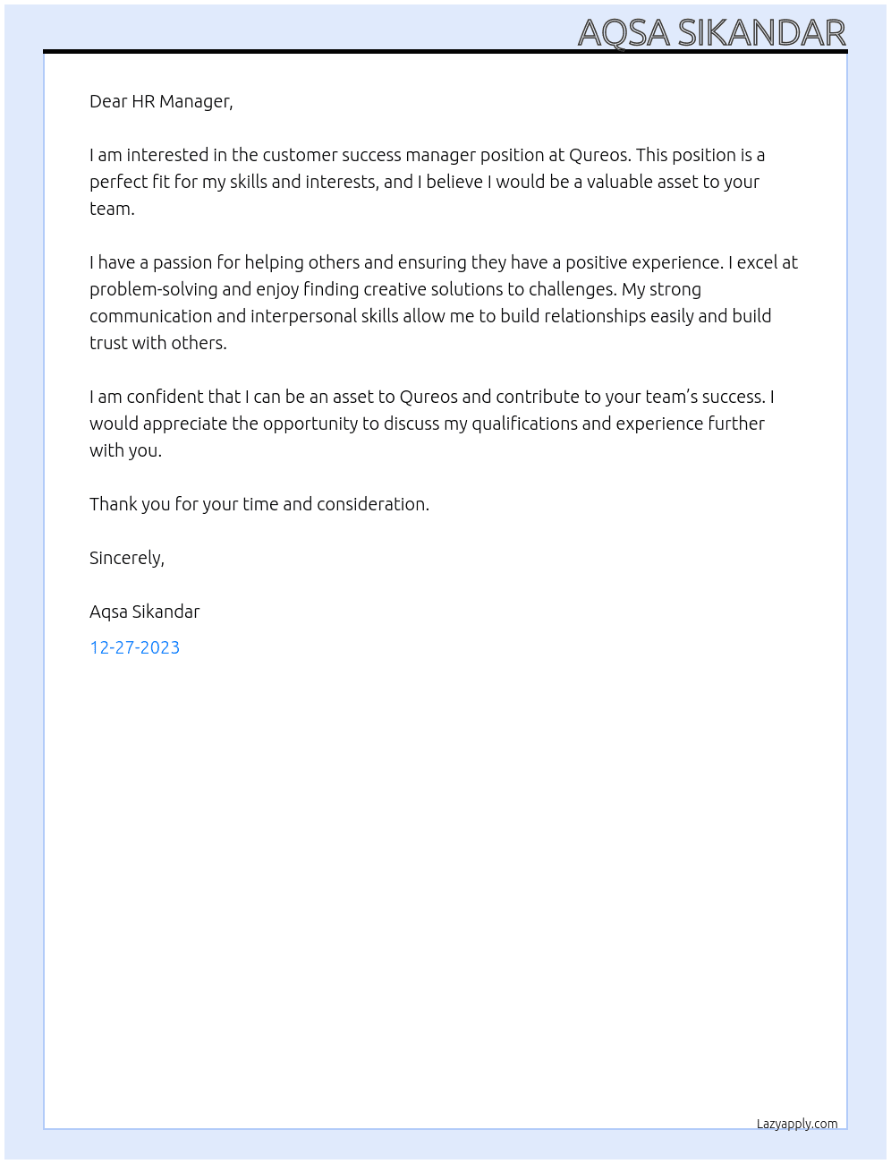 customer success manager At Qureos Cover Letter