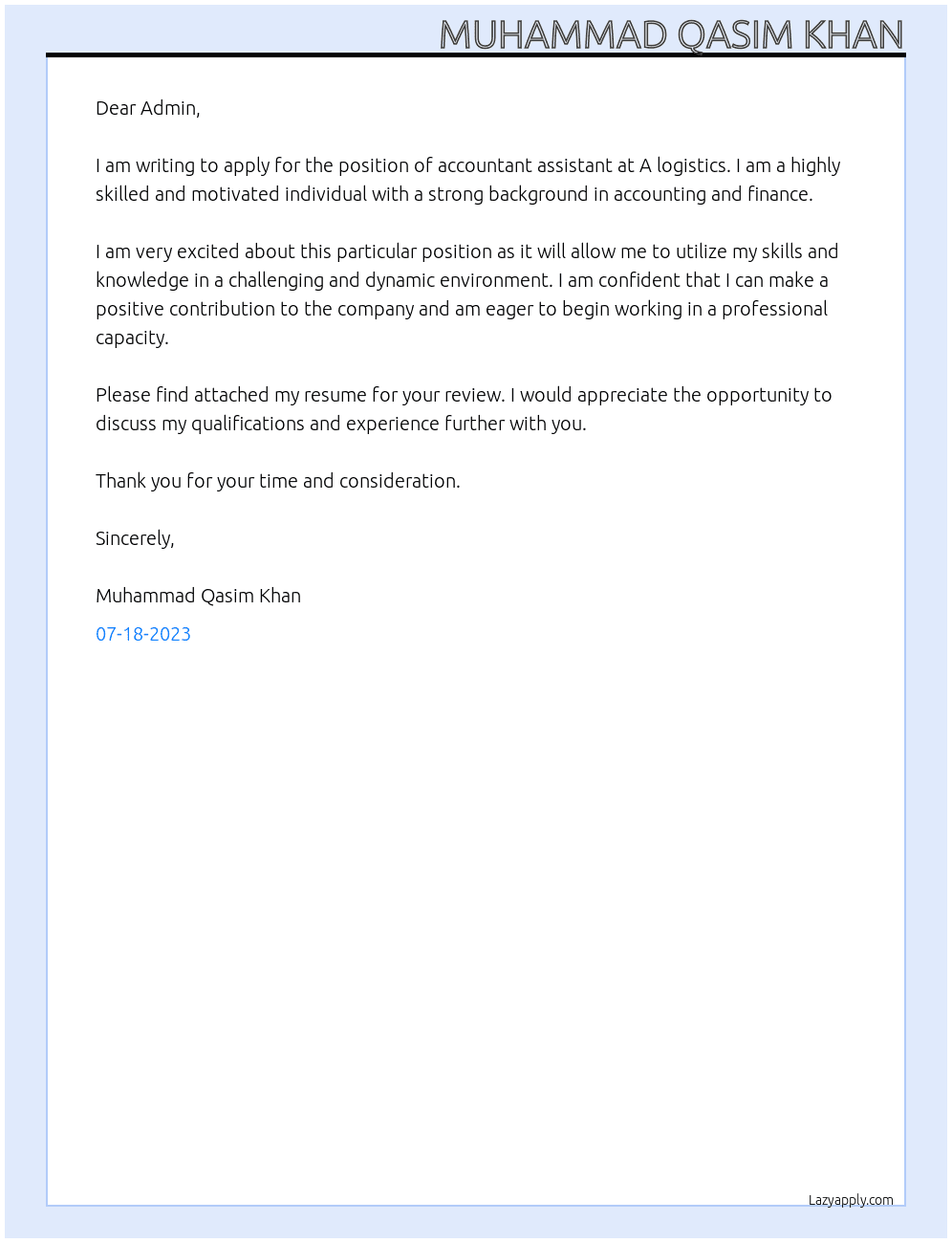 Accountant assistant  At A logisticss Cover Letter