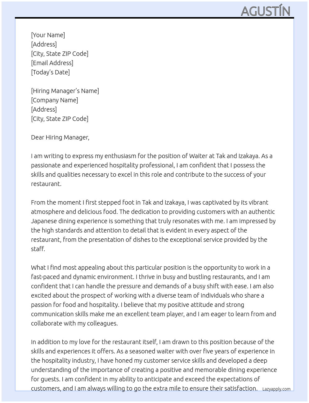 Waiter  At Tak and Izakaya Cover Letter