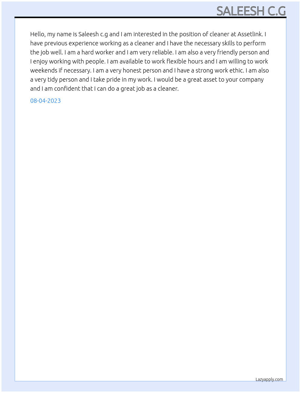 Cleaner At Assetlink Cover Letter