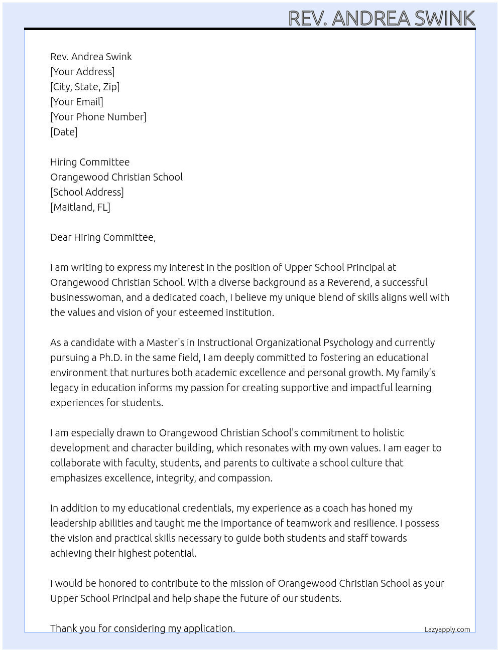 Upper School Principal At Orangewood Christian School Cover Letter