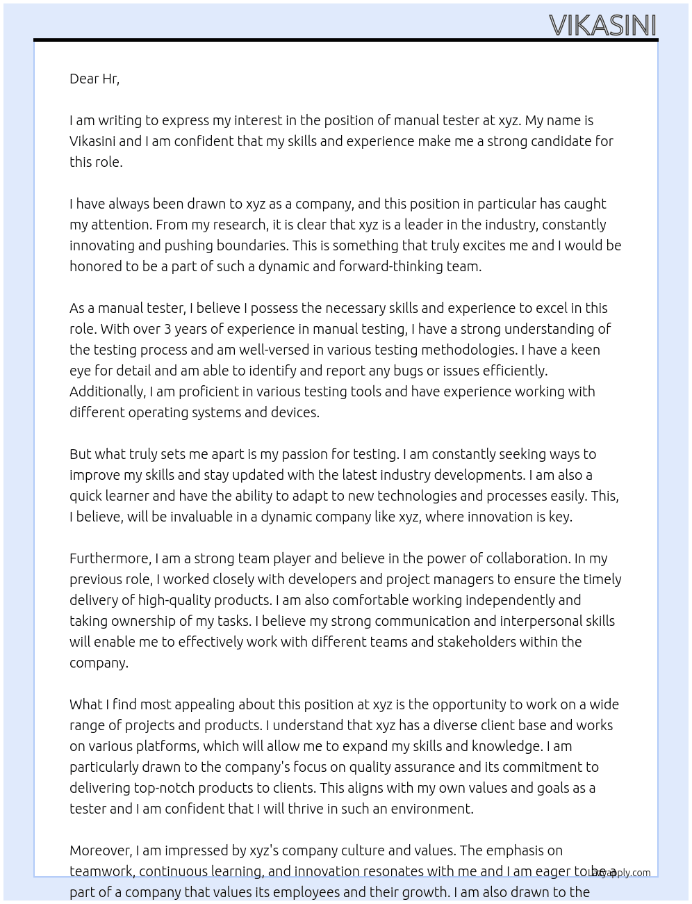 manual tester At xyz Cover Letter