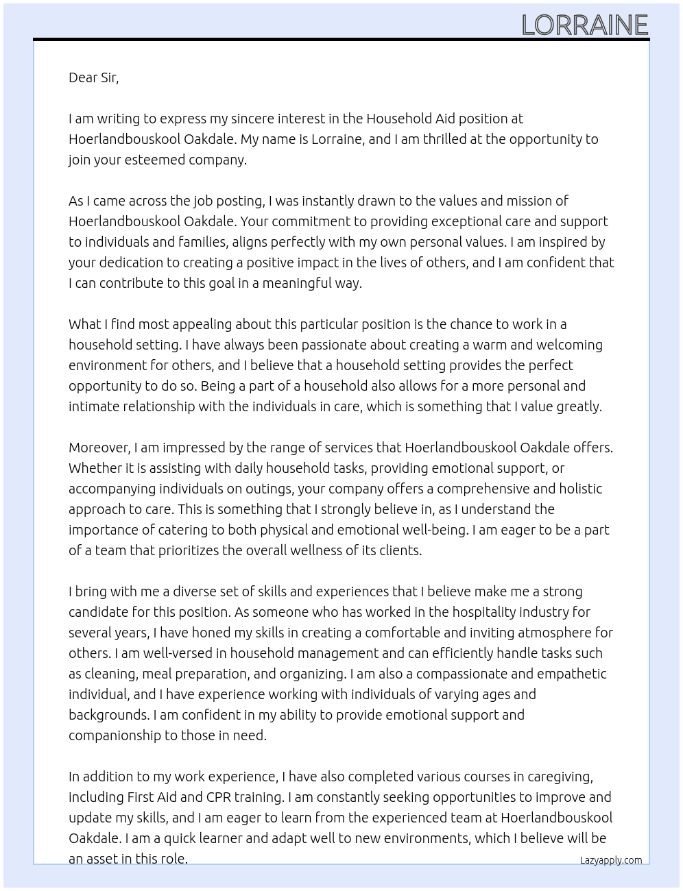 Household Aid At Hoerlandbouskool Oakdale Cover Letter
