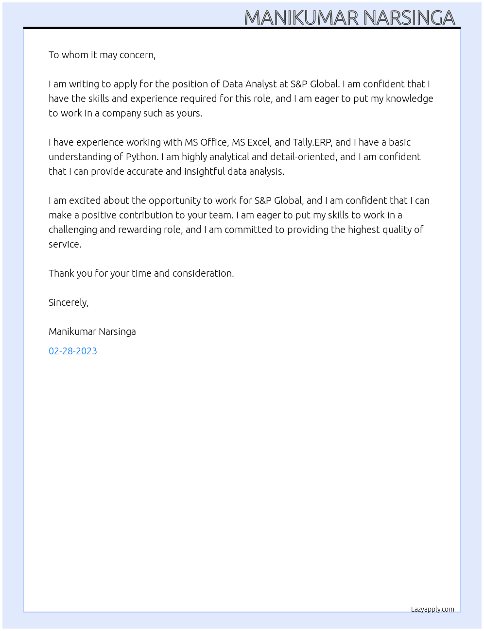 Data analyst  At S&P Global  Cover Letter