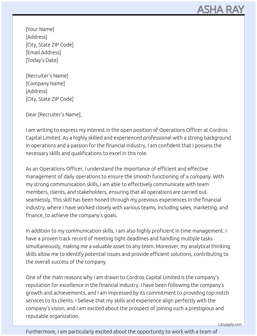 Operations officer  At Cordros capital limited Cover Letter