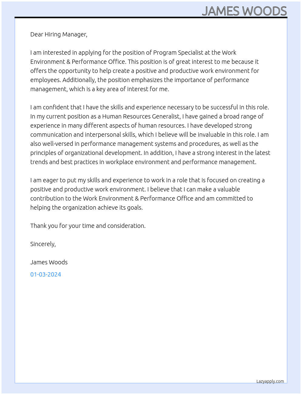 Program Specialist At Work Environment & Performance Office Cover Letter