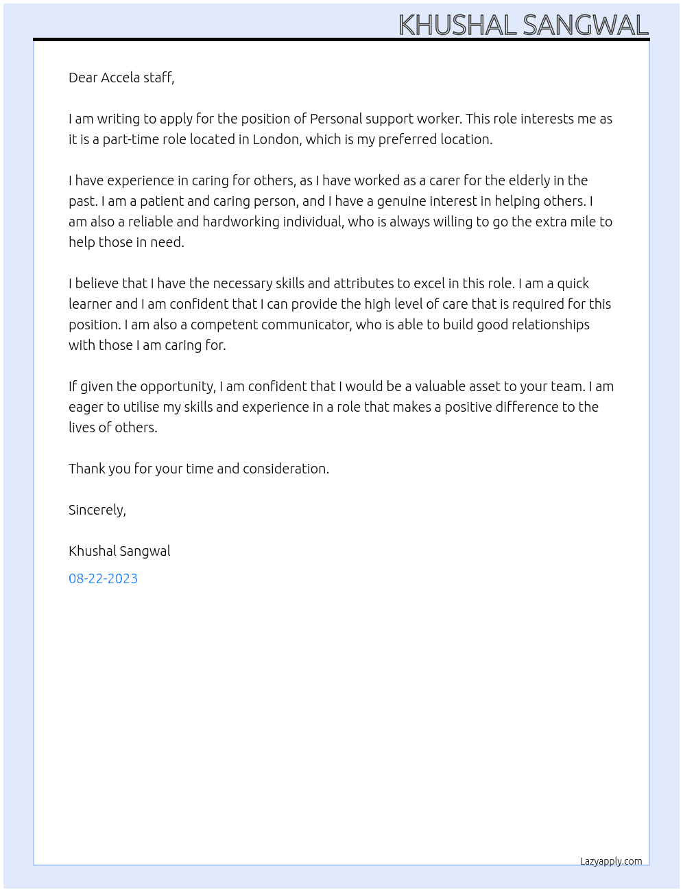 Personal support worker At Accela staff Cover Letter