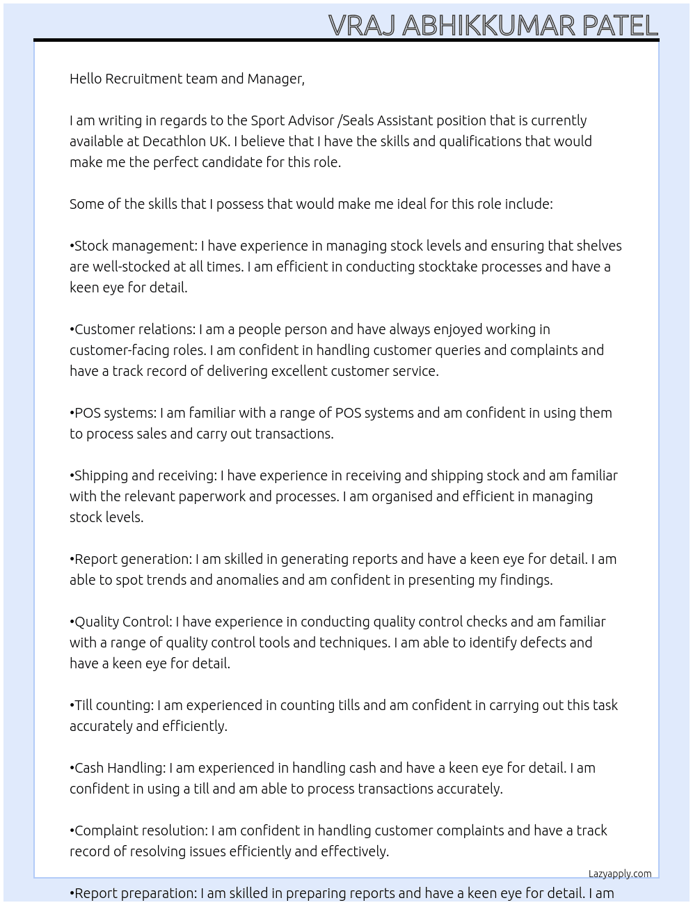 Sport Advisor /Seals Assistant At Decathlon UK Cover Letter
