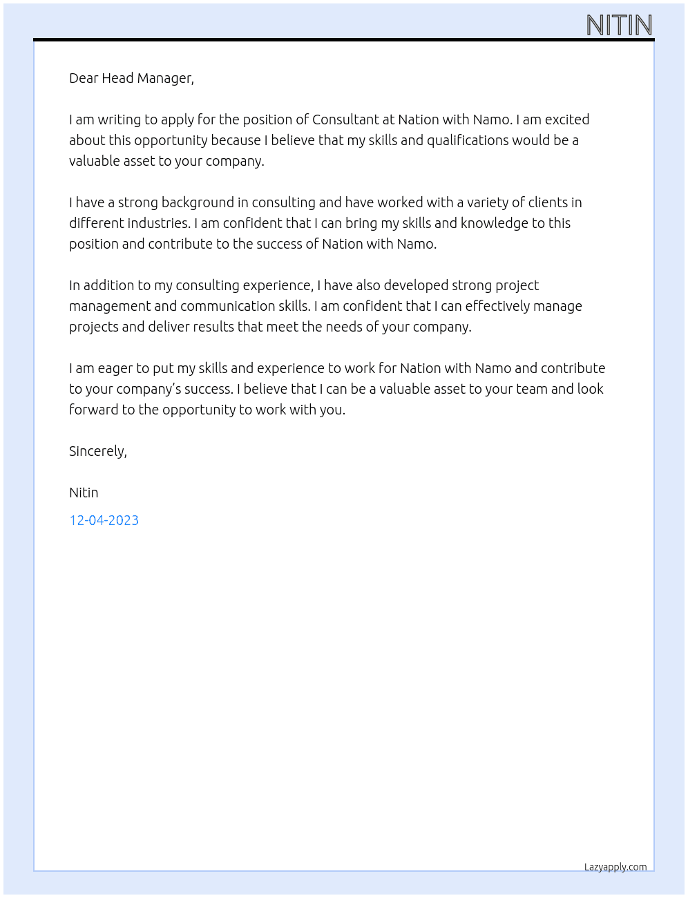 Consultant  At Nation with Namo Cover Letter