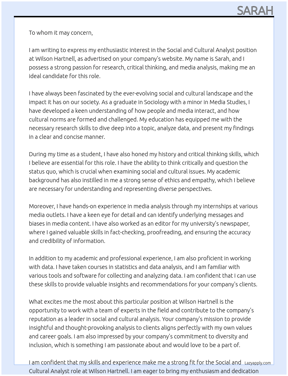 Social and Cultural Analyst At Wilson Hartnell Cover Letter