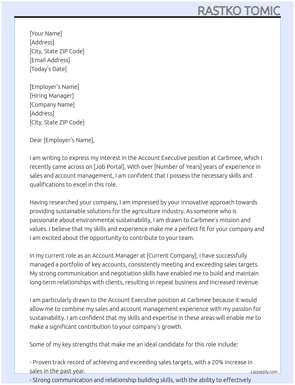 Account Executive At Carbmee  Cover Letter