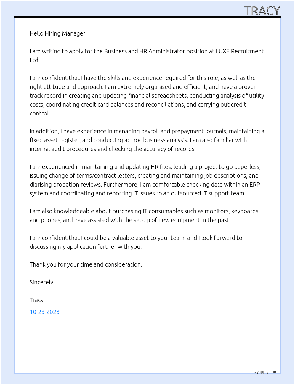 Business and HR Administrator At LUXE Recruitment Ltd Cover Letter