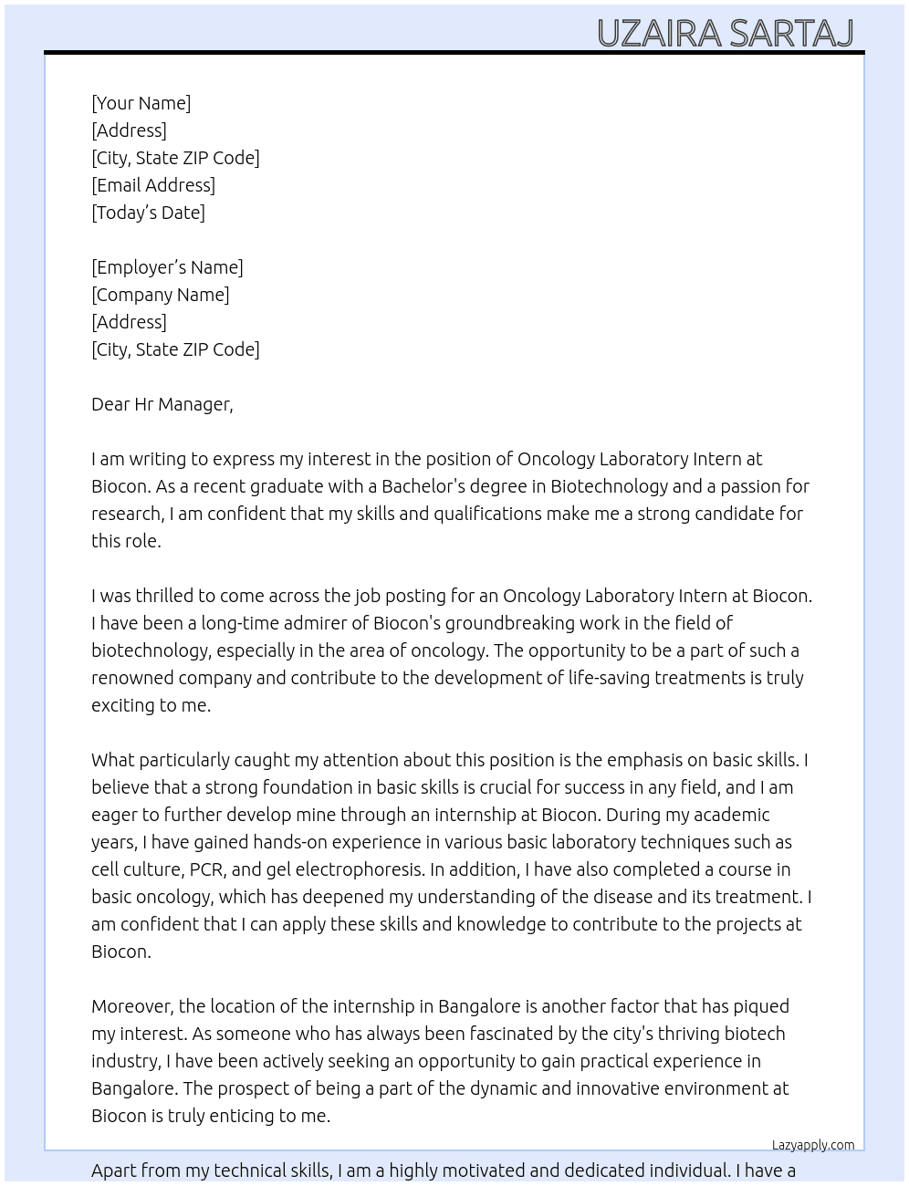oncology laboratory  At Biocon Cover Letter