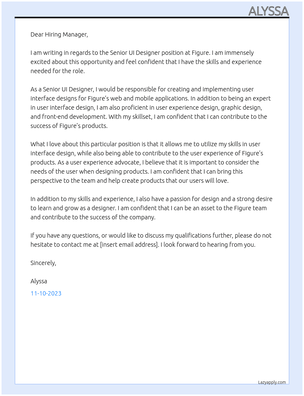 Senior UI Designer At Figure Cover Letter