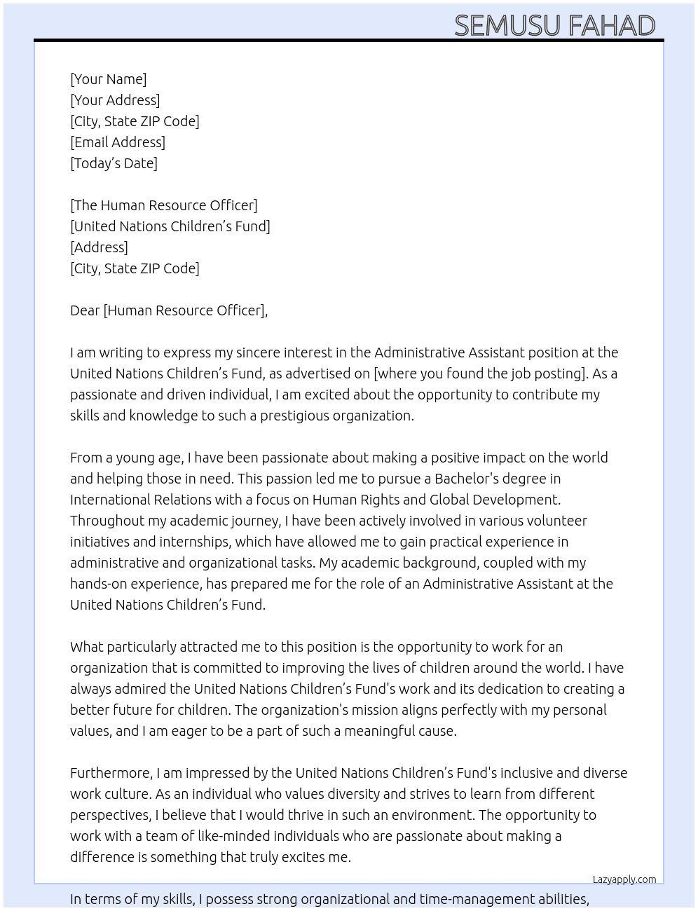 Admitrative assistant  At United nations children's fund Cover Letter