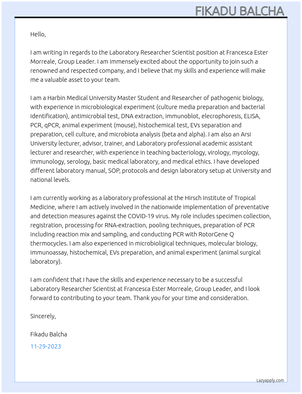Laboratory researcher scientists At Francesca Ester Morreale, Group Leader Cover Letter