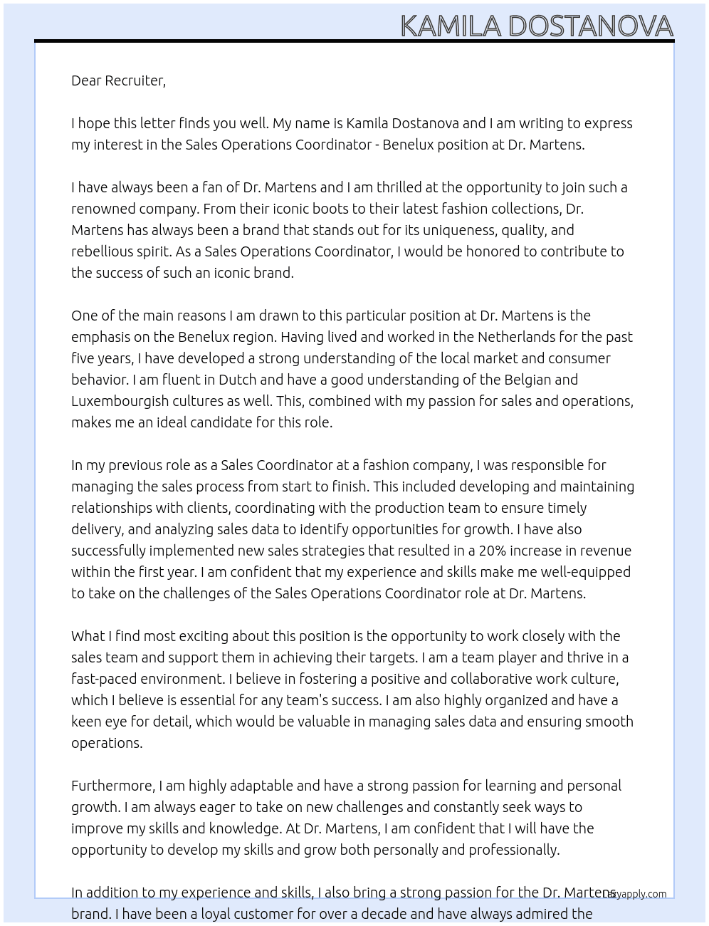 Sales OperatSales Operations Coordinator - Beneluxions Coordinator - Benelux At Dr. Martens  Cover Letter
