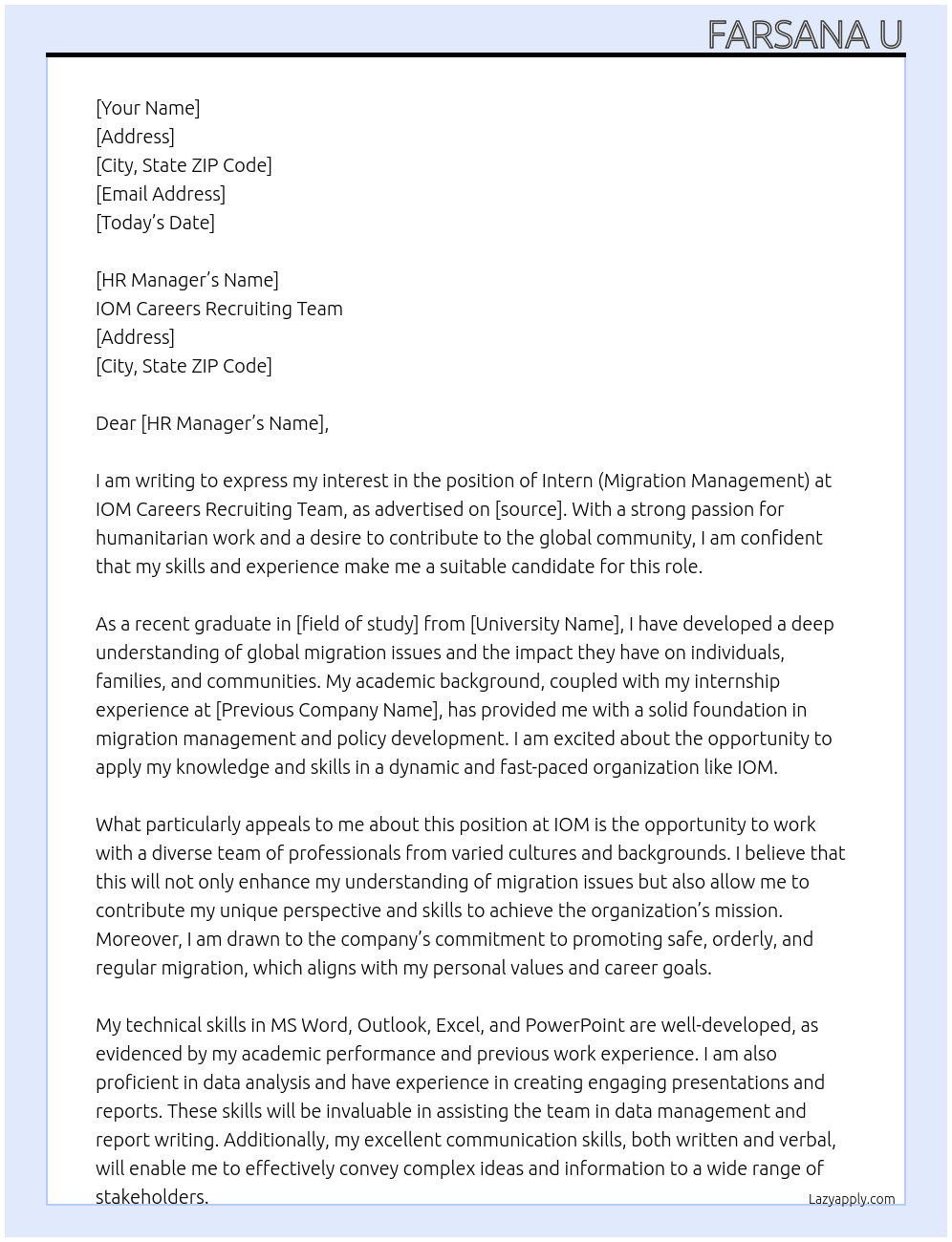 Intern (Migration Mangement) At IOM Careers Recruiting Team Cover Letter
