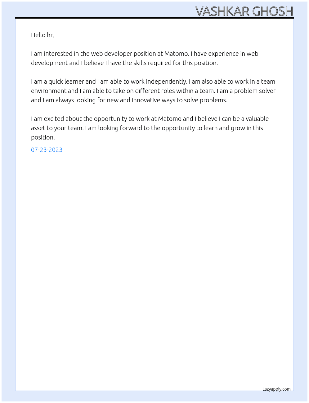 webdeveloper At Matomo Cover Letter