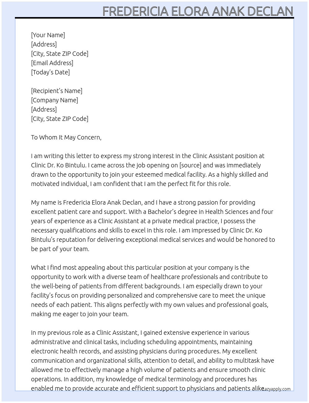 Clinic Assistant  At Clinic Dr. Ko Bintulu Cover Letter