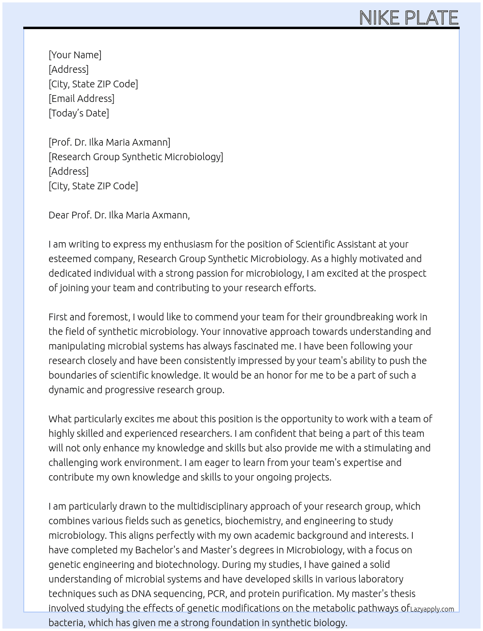 Scientific Assistant At Research Group Synthetic Microbiology Cover Letter