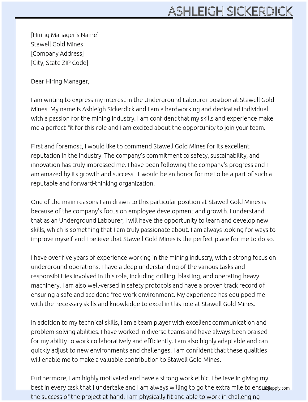 Underground Labourer  At Stawell Gold Mines Cover Letter