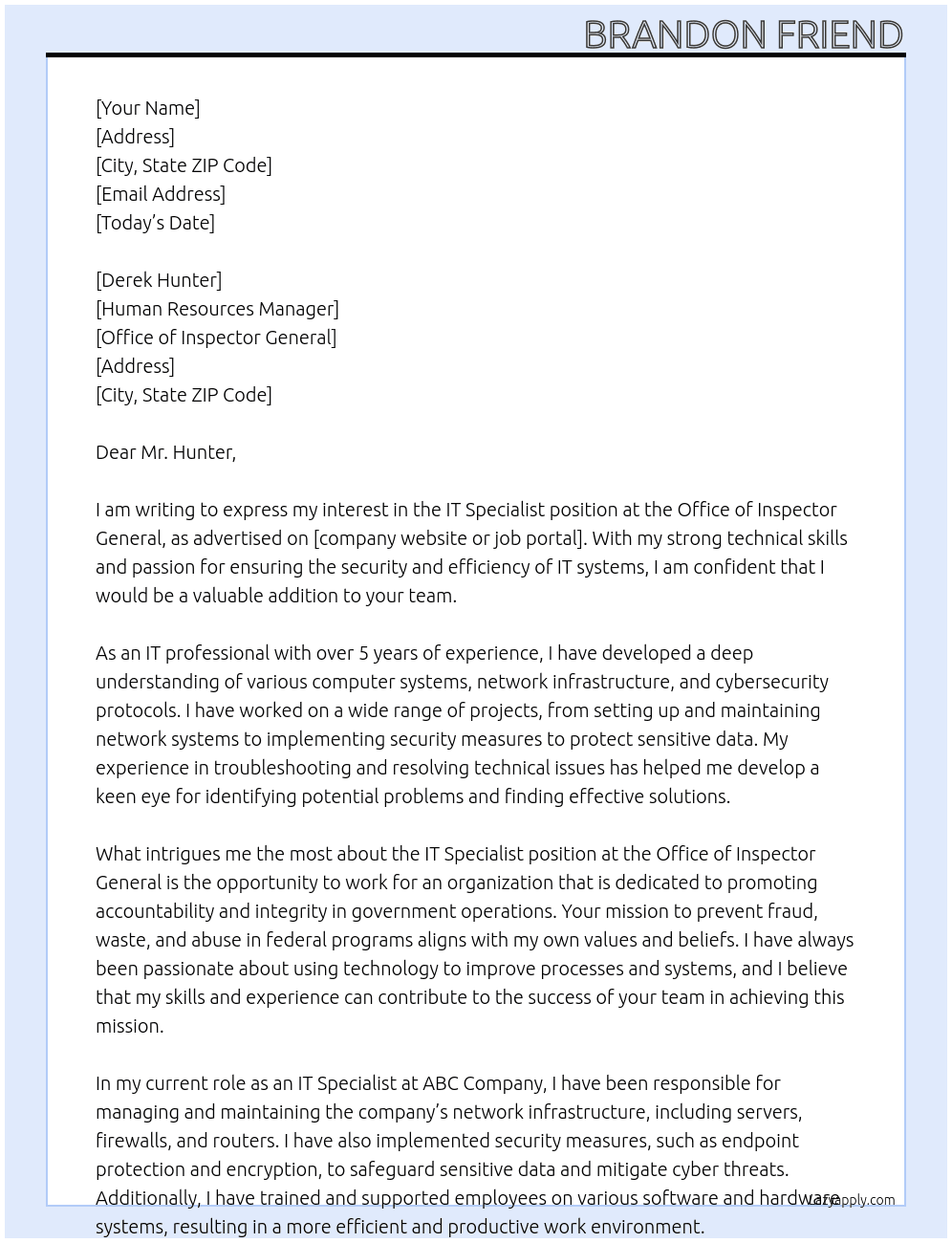 IT Specialist  At Office of inspector General  Cover Letter