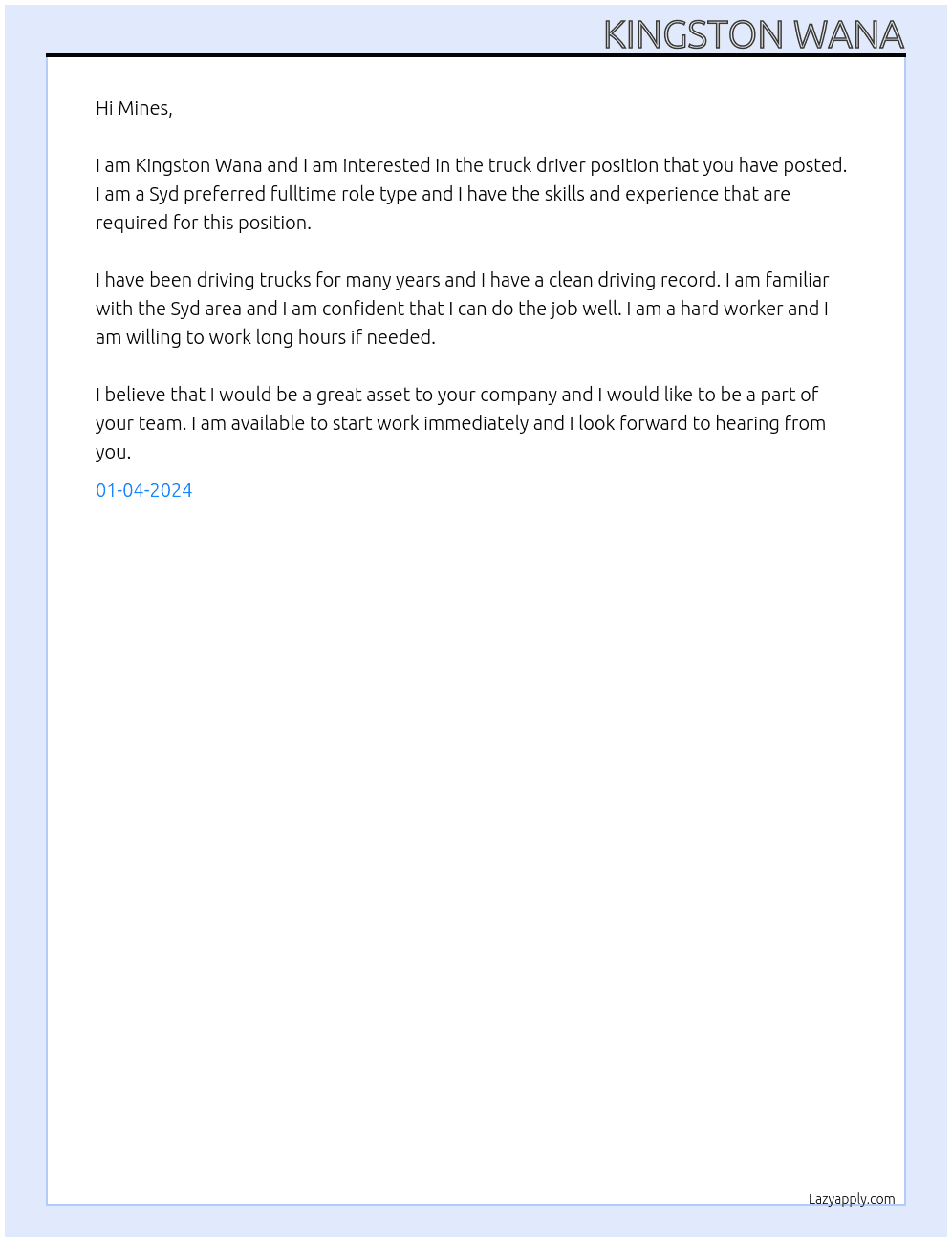 Truck Driver At Mines Cover Letter