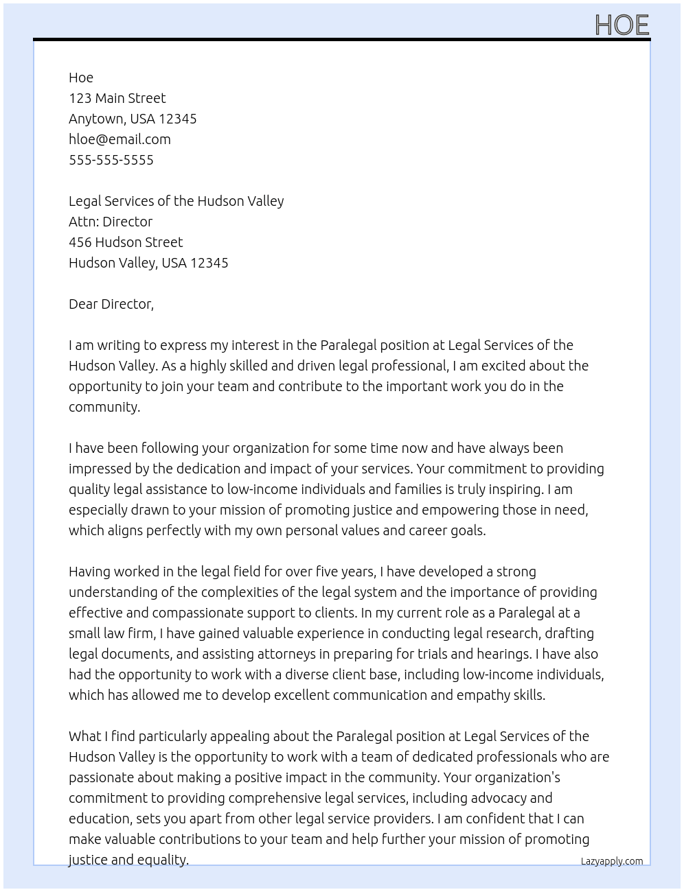 Paralegal At Legal Services of the Hudson Valley Cover Letter