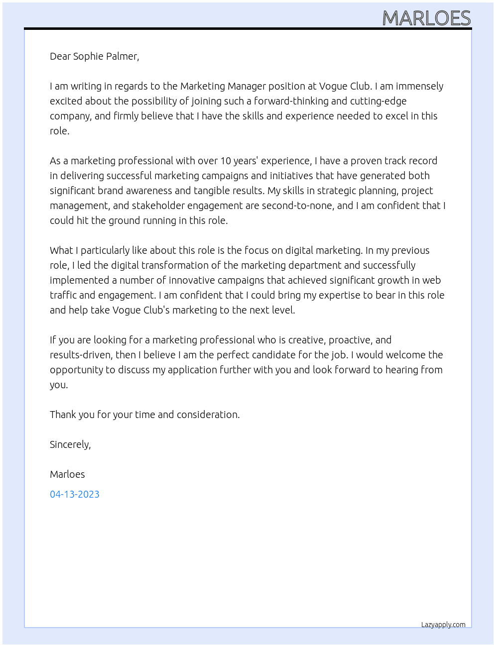 Marketing Manager At Vogue Club Cover Letter