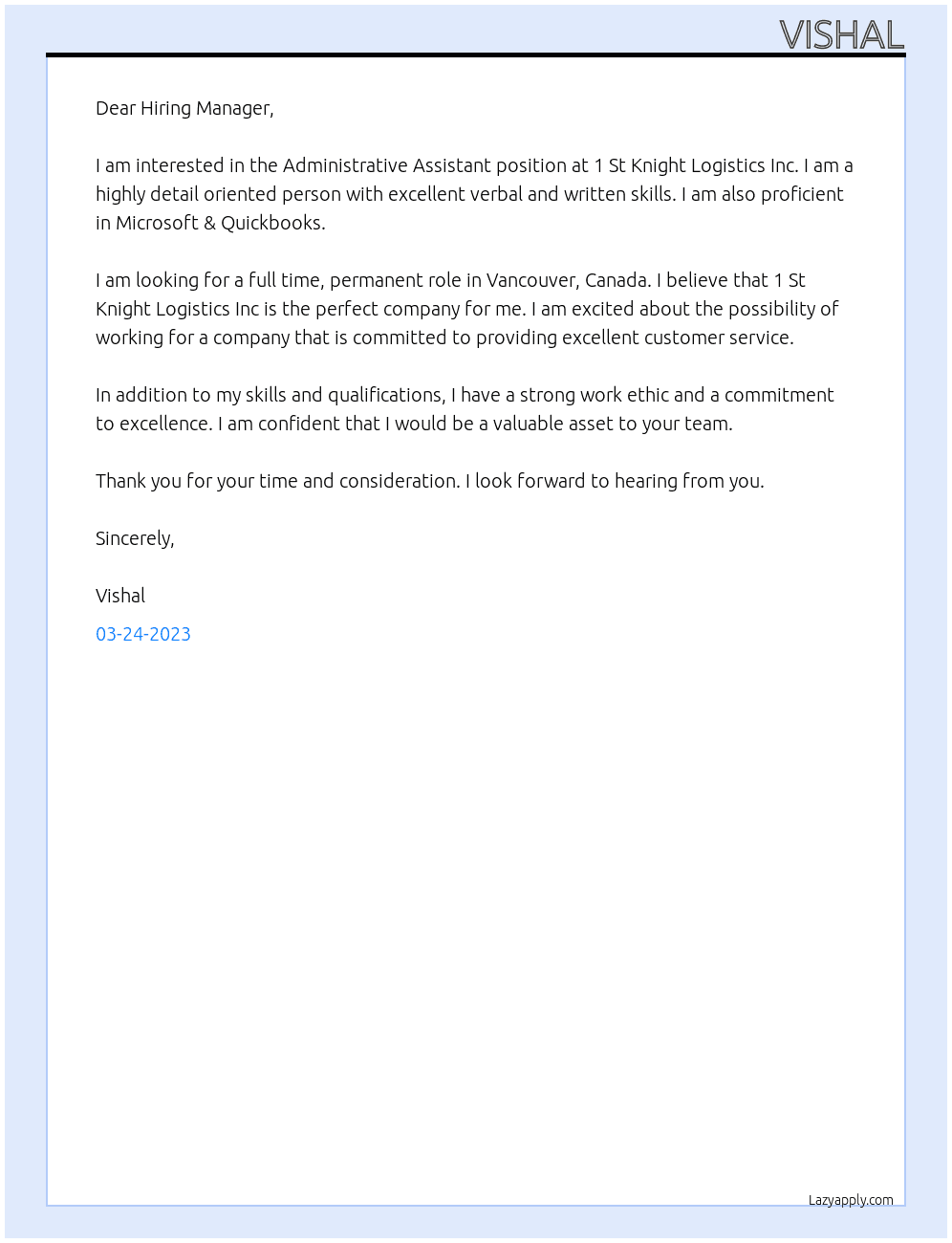 Administrative Assistant At 1 St Knight Logistics Inc Cover Letter