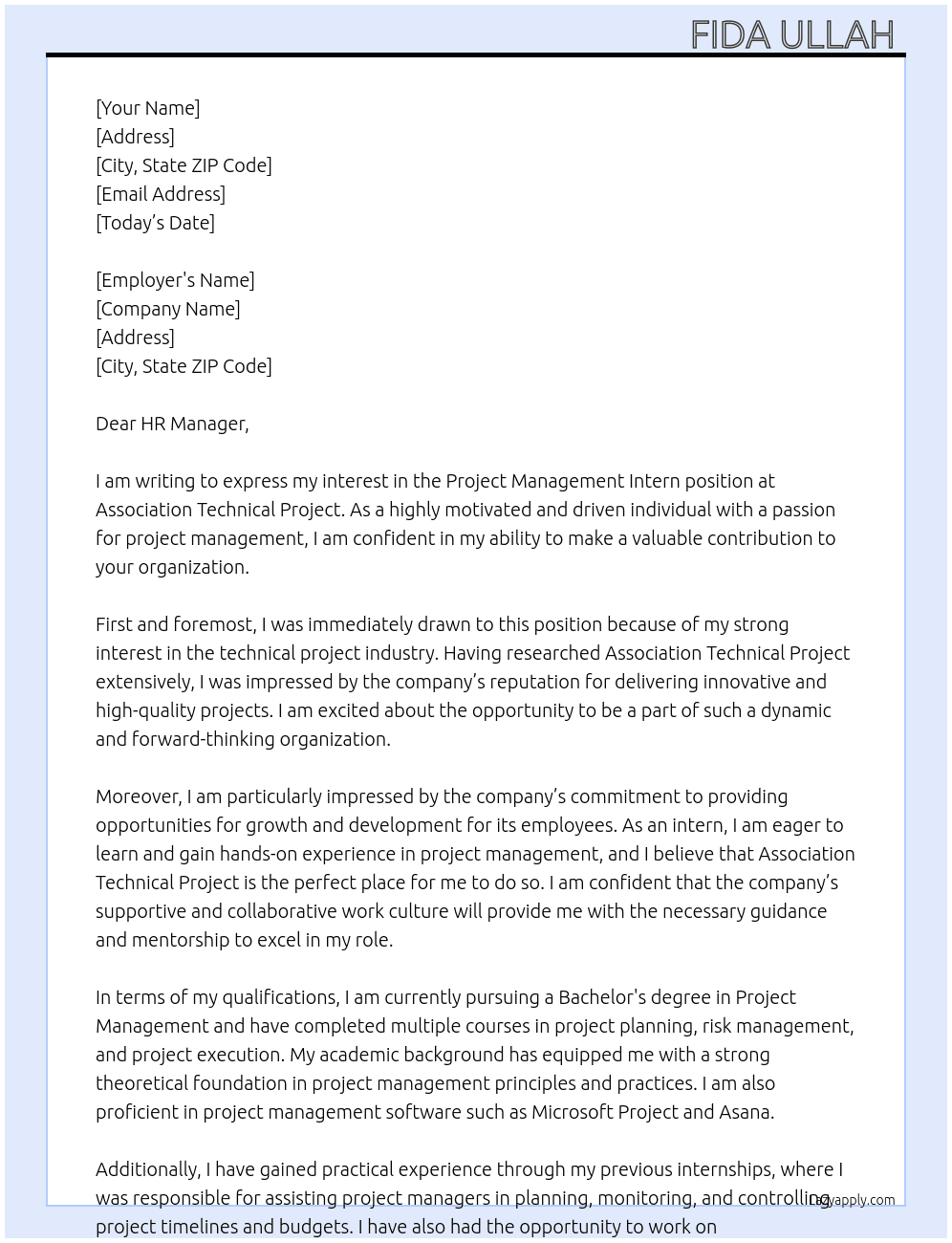 Project management intern  At Association technical project  Cover Letter