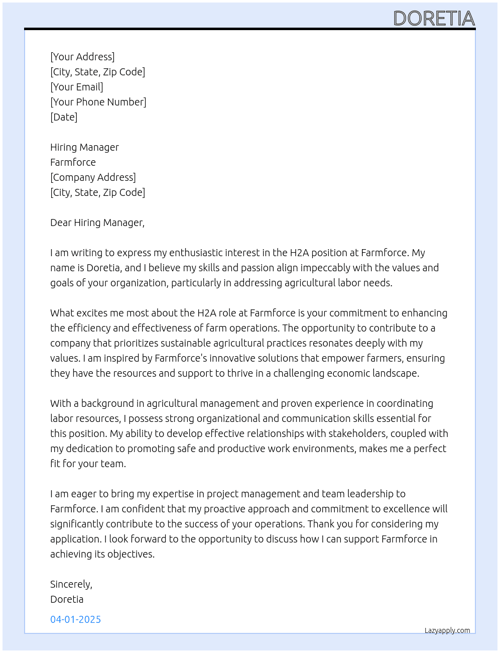 H2A At Farmforce Cover Letter
