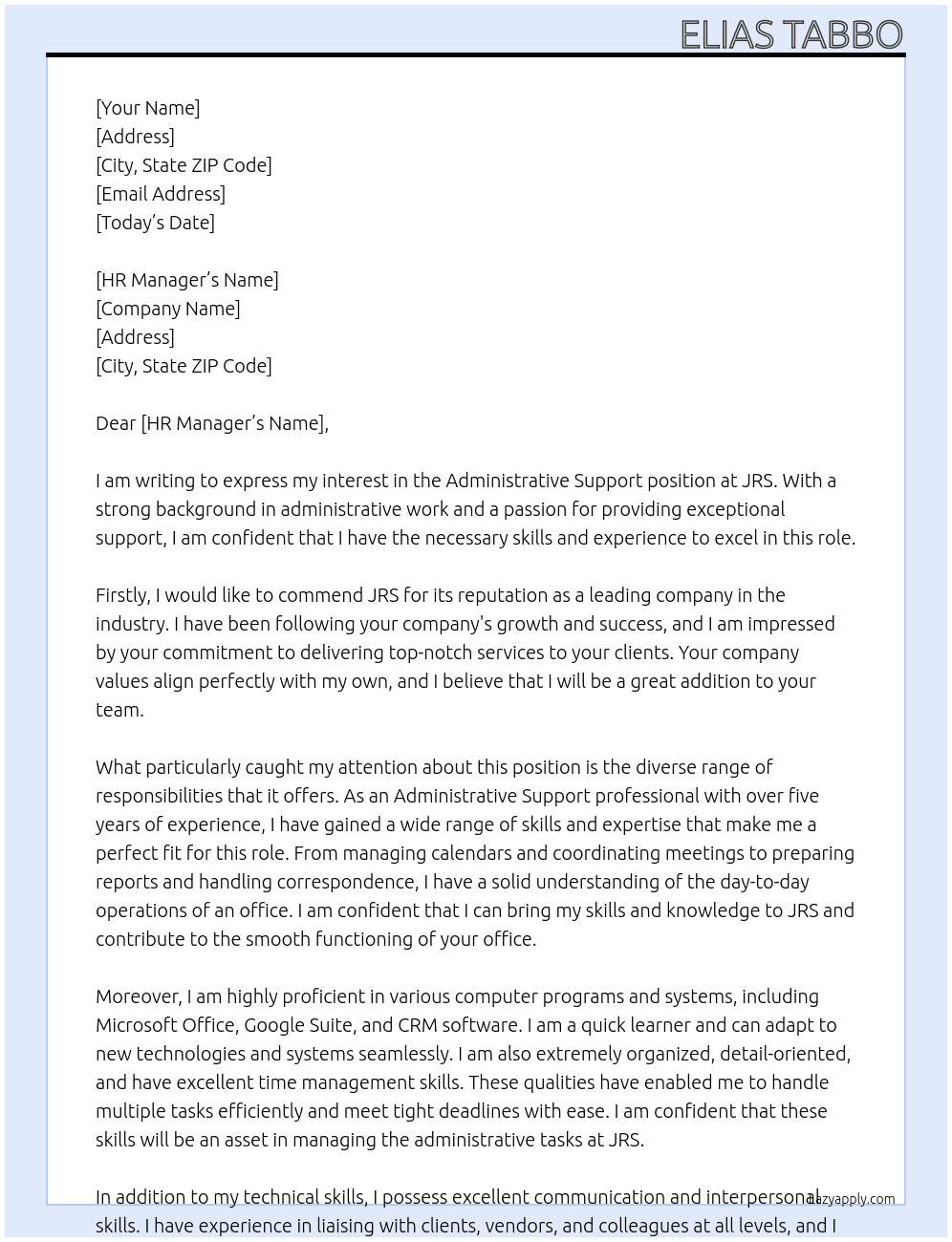 Administrative support At JRS Cover Letter