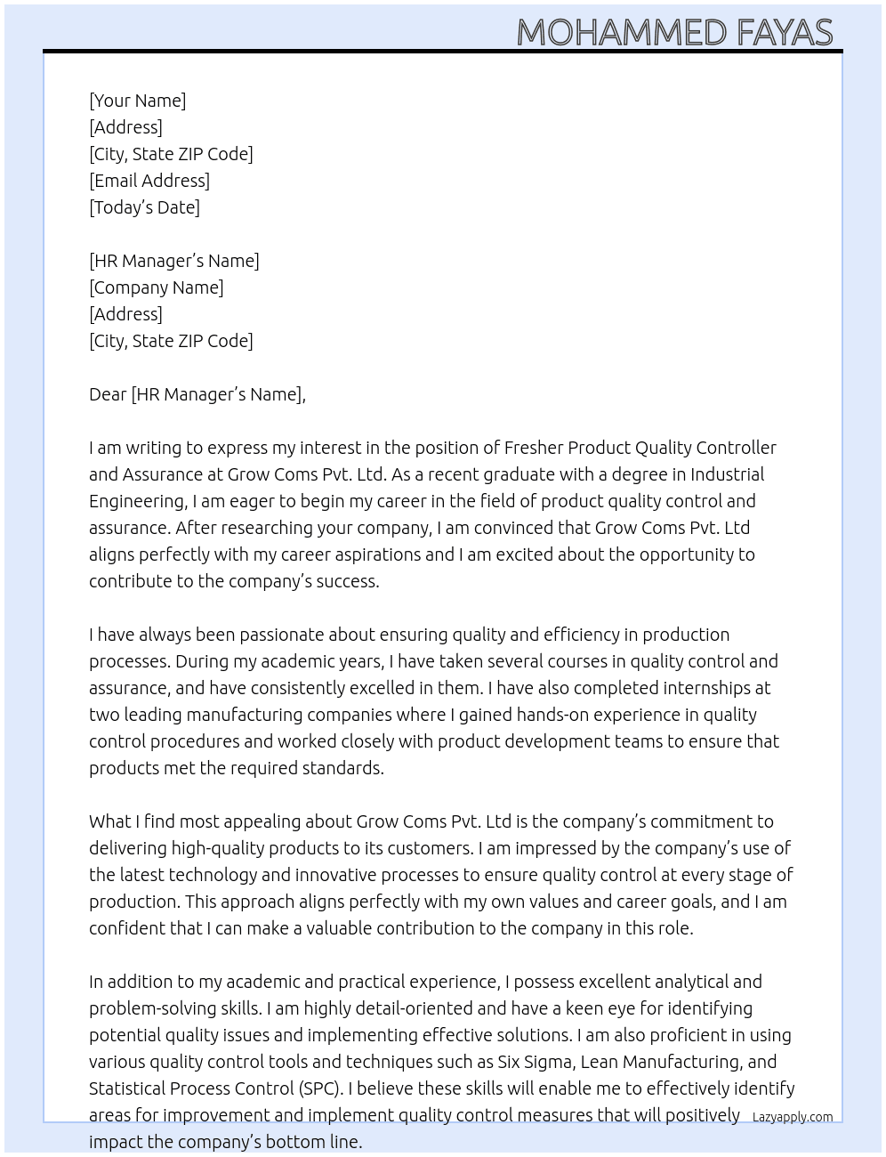 Fresher product quality controller and assurance  At Grow Coms Pvt. Ltd Cover Letter
