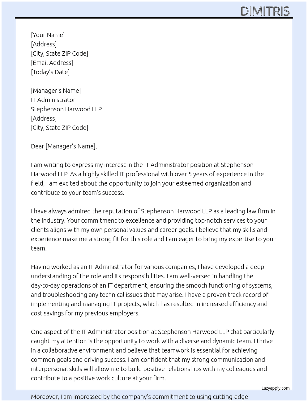 IT Administrator At Stephenson Harwood LLP Cover Letter