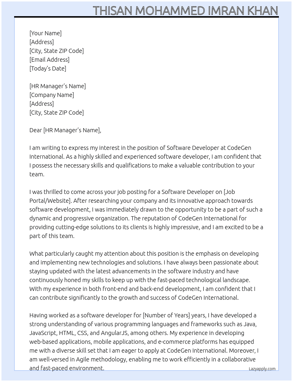 software developer At CodeGen International Cover Letter