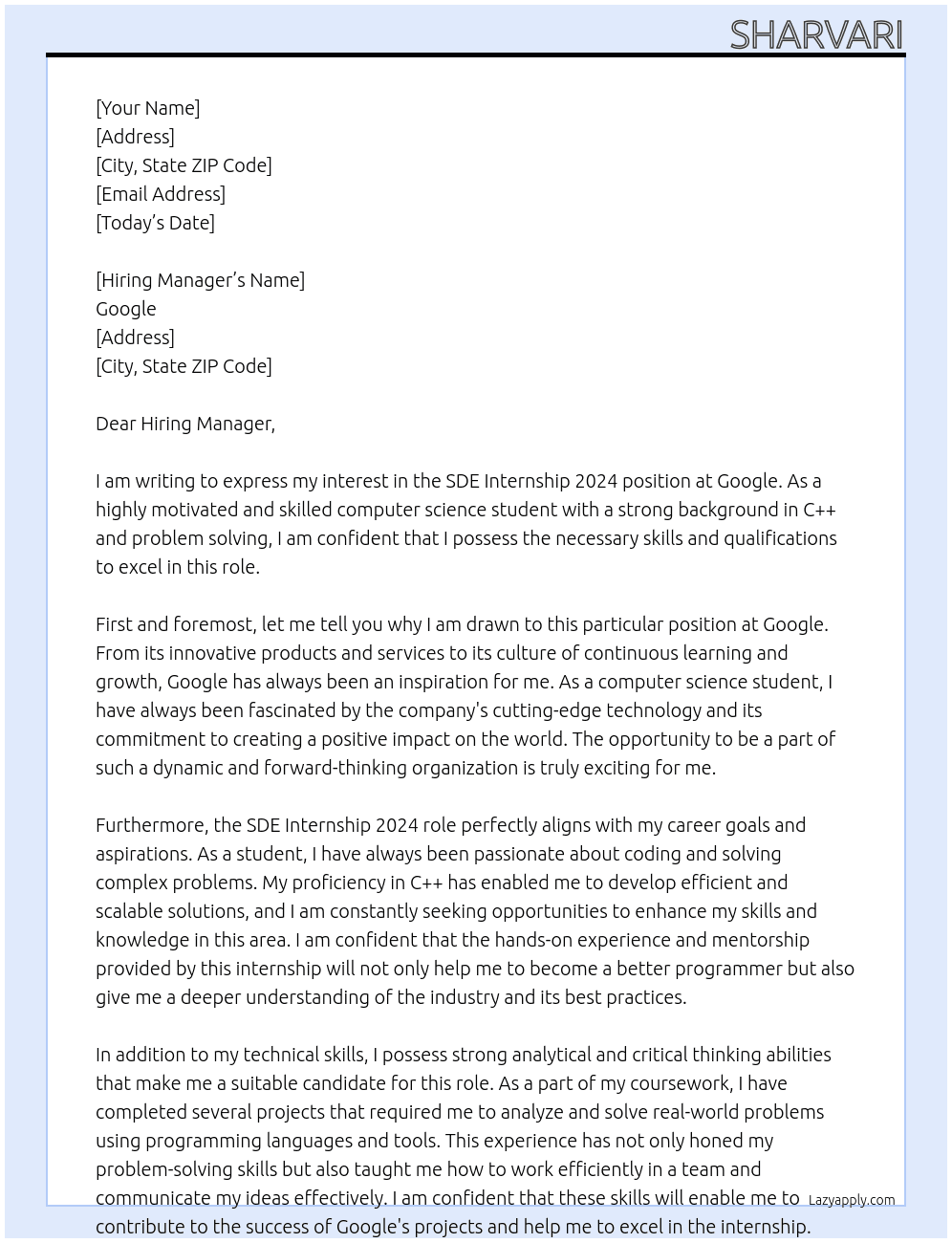 Cover letter for sde internship 2024 - LazyApply