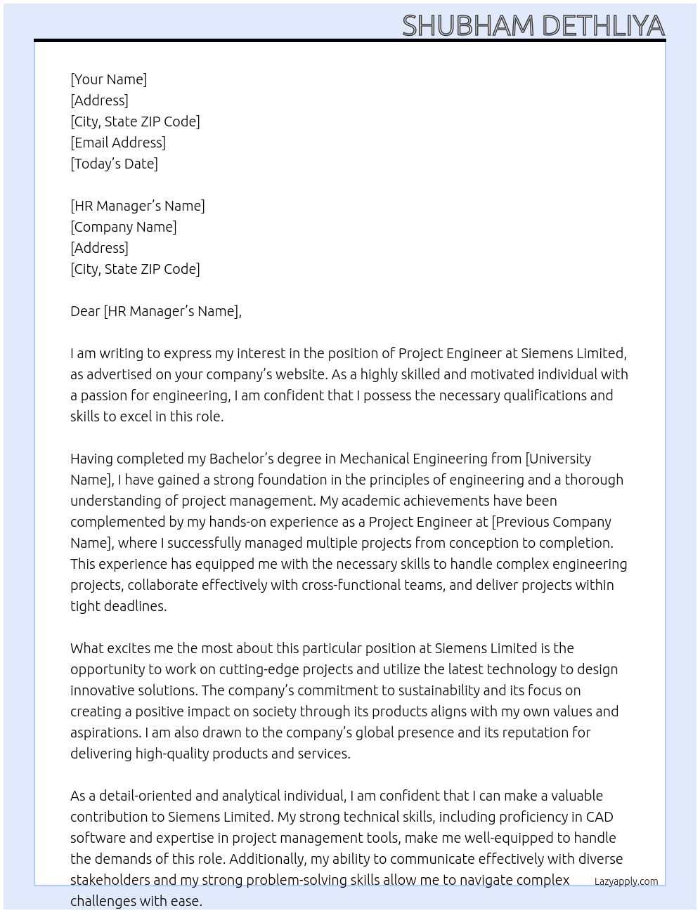 Project Engineer At Siemens Limited Cover Letter